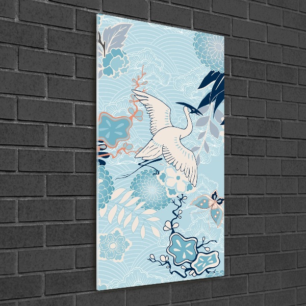 Quadro stampa su vetro verticale Gru e fiori