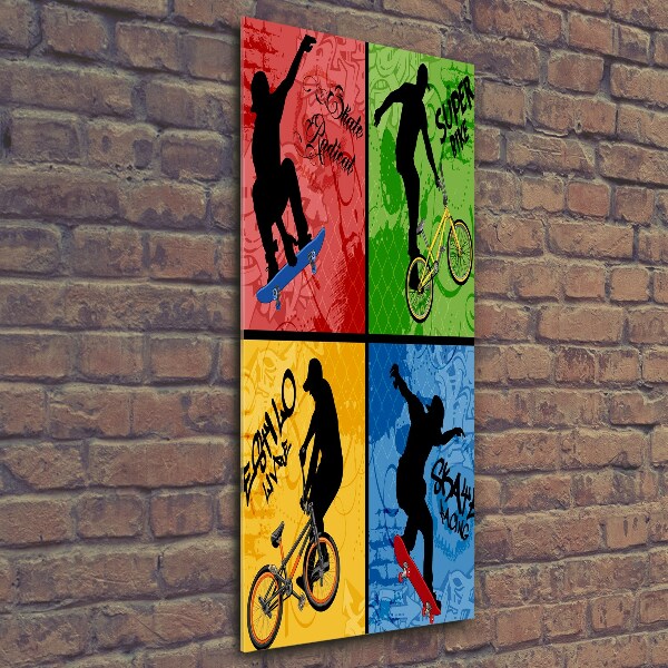 Quadro stampa su vetro verticale Bicicletta e skateboard