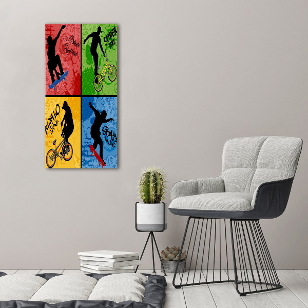 Quadro stampa su vetro verticale Bicicletta e skateboard