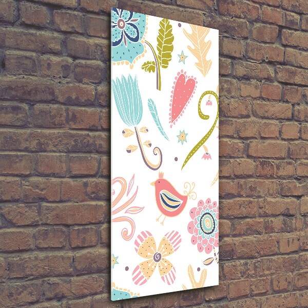 Quadro di vetro verticale Piante e uccelli