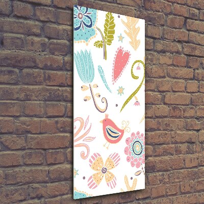 Quadro di vetro verticale Piante e uccelli