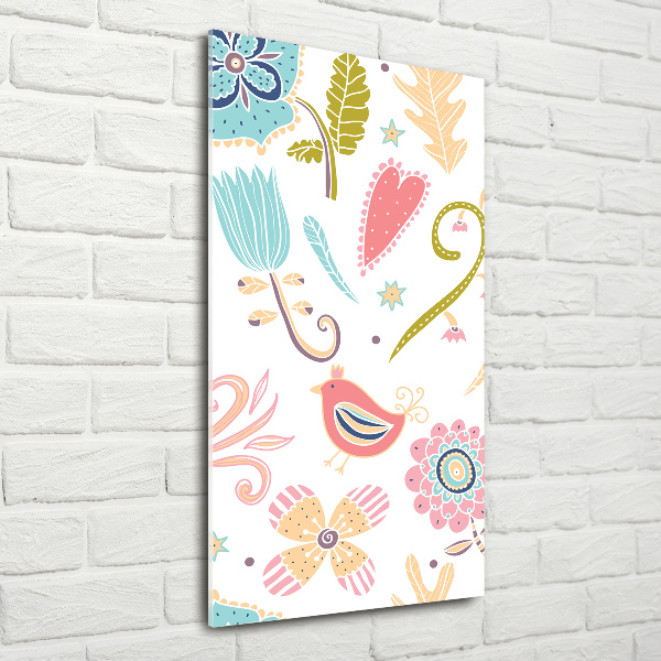 Quadro di vetro verticale Piante e uccelli