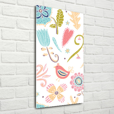 Quadro di vetro verticale Piante e uccelli