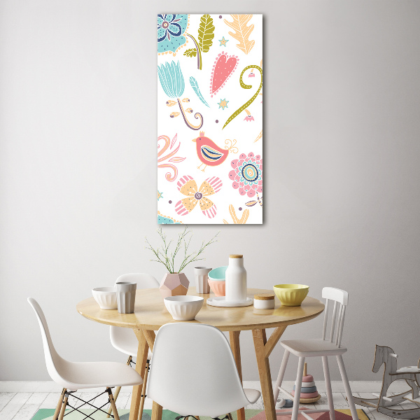 Quadro di vetro verticale Piante e uccelli