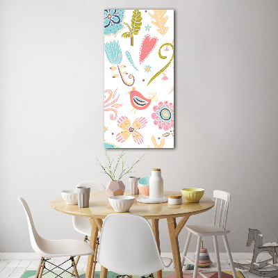 Quadro di vetro verticale Piante e uccelli