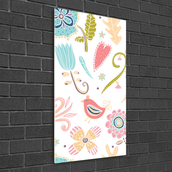 Quadro di vetro verticale Piante e uccelli