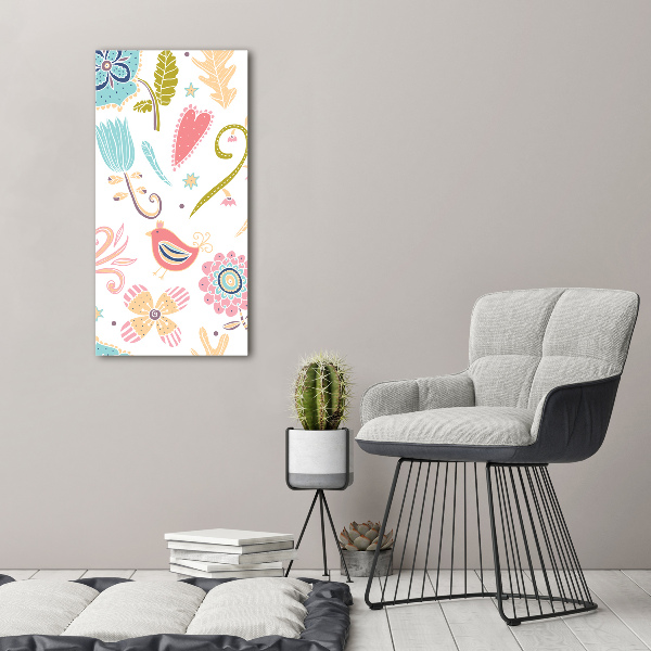 Quadro di vetro verticale Piante e uccelli