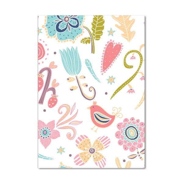 Quadro di vetro verticale Piante e uccelli