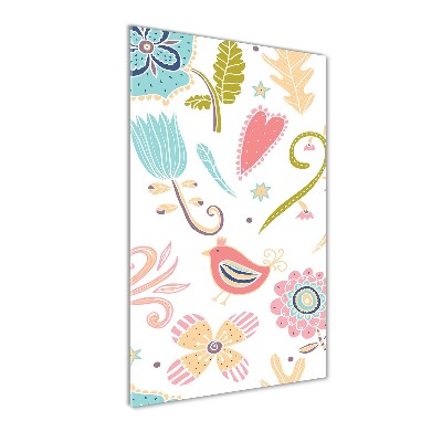 Quadro di vetro verticale Piante e uccelli