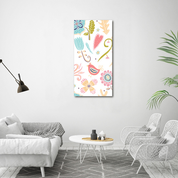 Quadro di vetro verticale Piante e uccelli