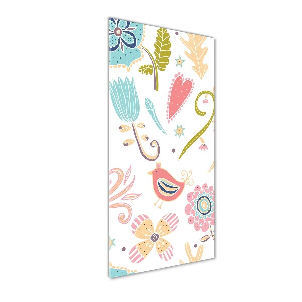Quadro di vetro verticale Piante e uccelli
