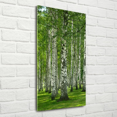 Quadro stampa su vetro verticale Foresta di betulle