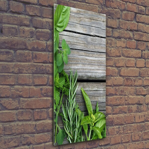 Quadro vetro verticale Erbe aromatiche su legno