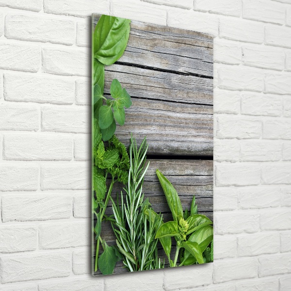Quadro vetro verticale Erbe aromatiche su legno