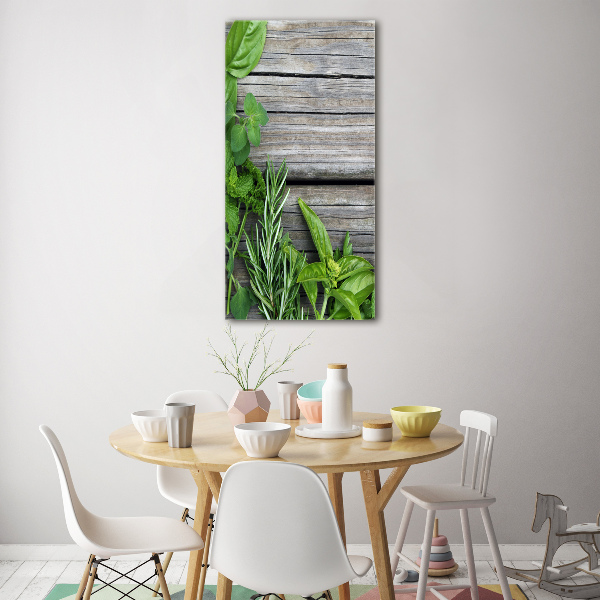 Quadro vetro verticale Erbe aromatiche su legno
