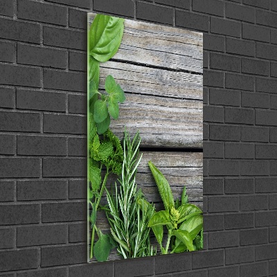 Quadro vetro verticale Erbe aromatiche su legno