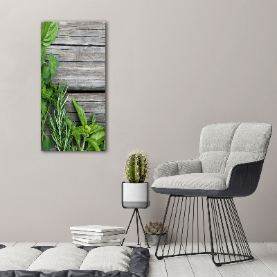 Quadro vetro verticale Erbe aromatiche su legno