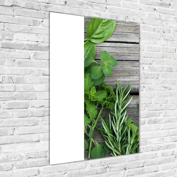 Quadro vetro verticale Erbe aromatiche su legno