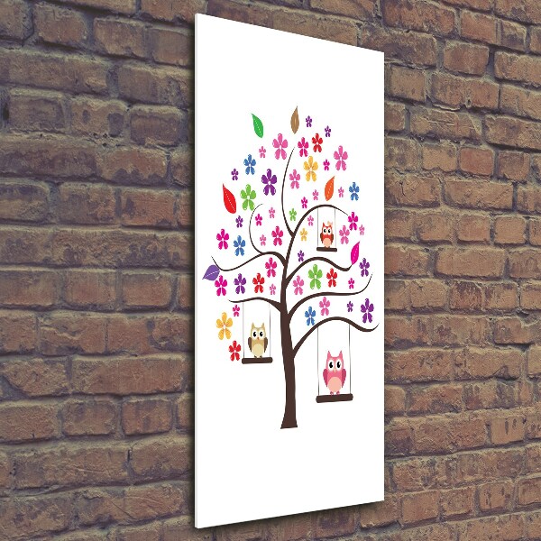 Quadro stampa su vetro verticale Gufi sulle altalene