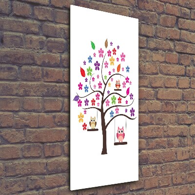 Quadro stampa su vetro verticale Gufi sulle altalene