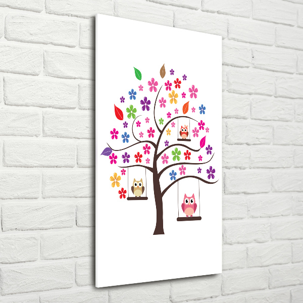 Quadro stampa su vetro verticale Gufi sulle altalene