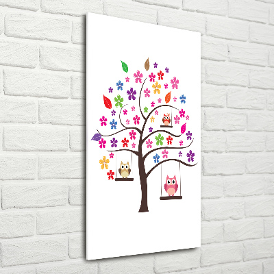 Quadro stampa su vetro verticale Gufi sulle altalene