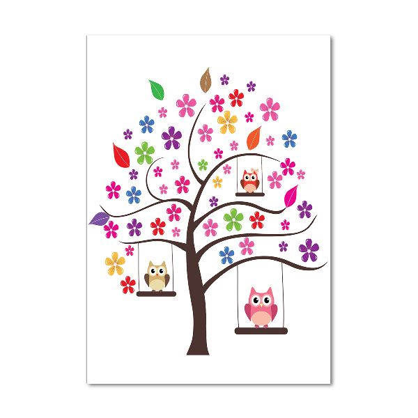 Quadro stampa su vetro verticale Gufi sulle altalene