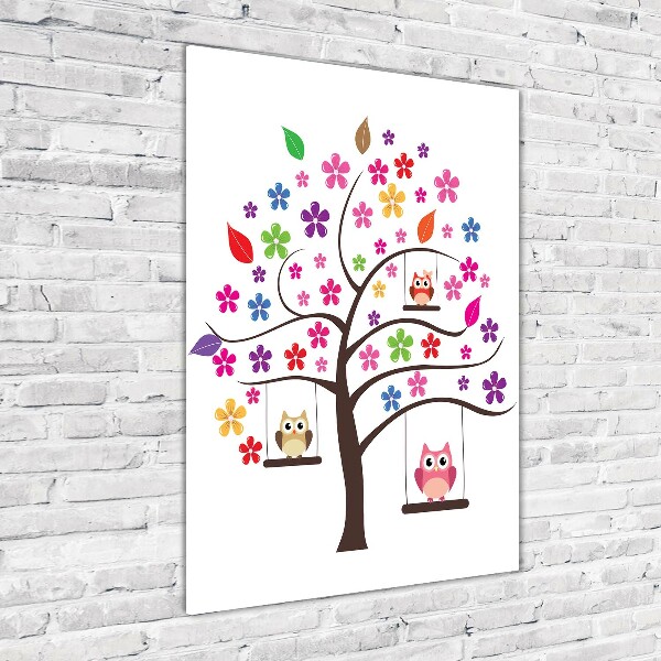 Quadro stampa su vetro verticale Gufi sulle altalene