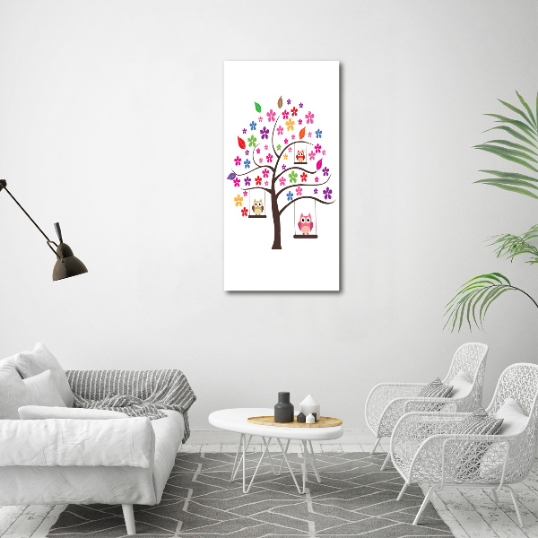 Quadro stampa su vetro verticale Gufi sulle altalene