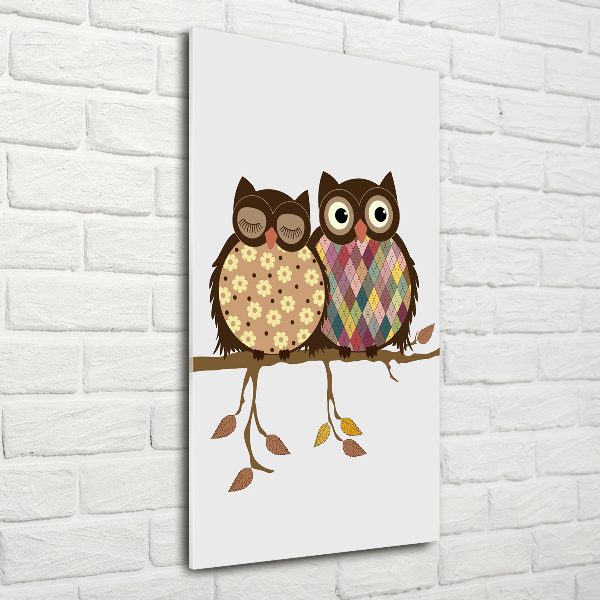 Quadro vetro verticale Una coppia di gufi su un ramo