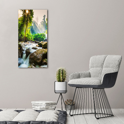 Quadro di vetro verticale Cascata nella foresta