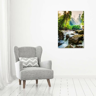 Quadro di vetro verticale Cascata nella foresta