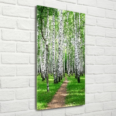Quadro stampa su vetro verticale Foresta di betulle