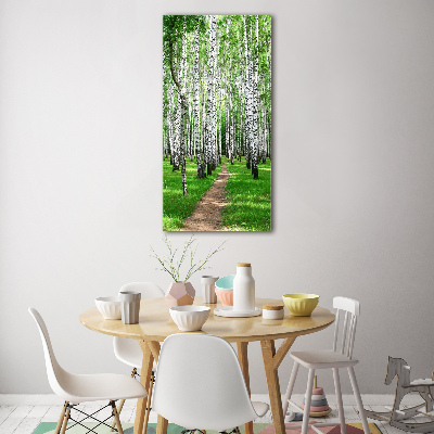 Quadro stampa su vetro verticale Foresta di betulle