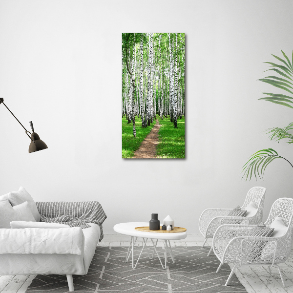 Quadro stampa su vetro verticale Foresta di betulle