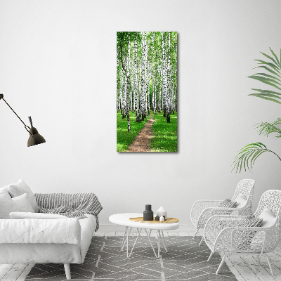Quadro stampa su vetro verticale Foresta di betulle