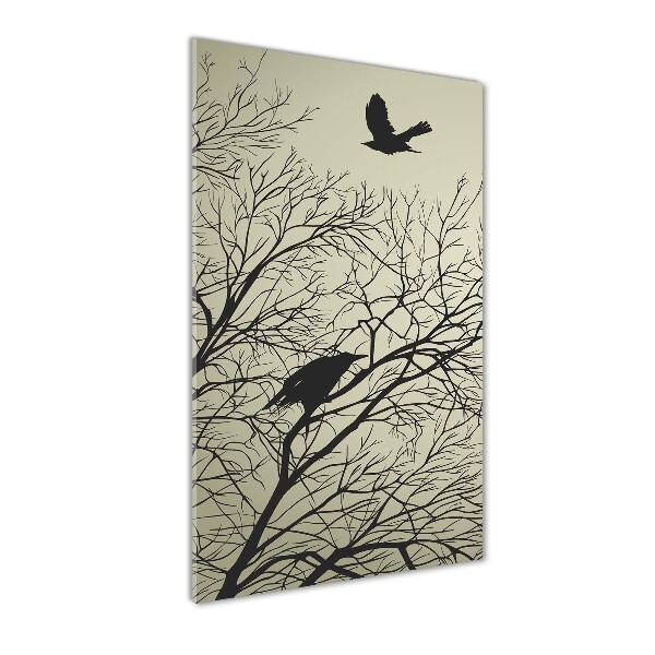 Quadro stampa su vetro verticale Corvi su un albero