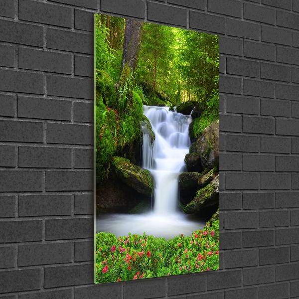 Quadro vetro verticale Cascata nella foresta