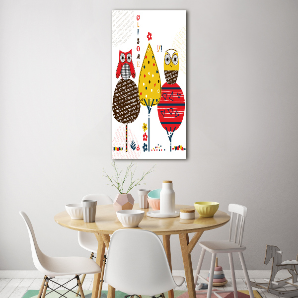 Quadro di vetro verticale Gufi sugli alberi