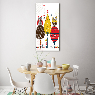 Quadro di vetro verticale Gufi sugli alberi