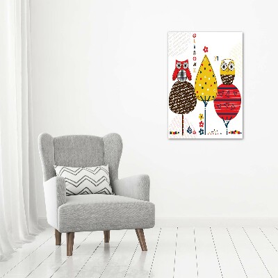 Quadro di vetro verticale Gufi sugli alberi