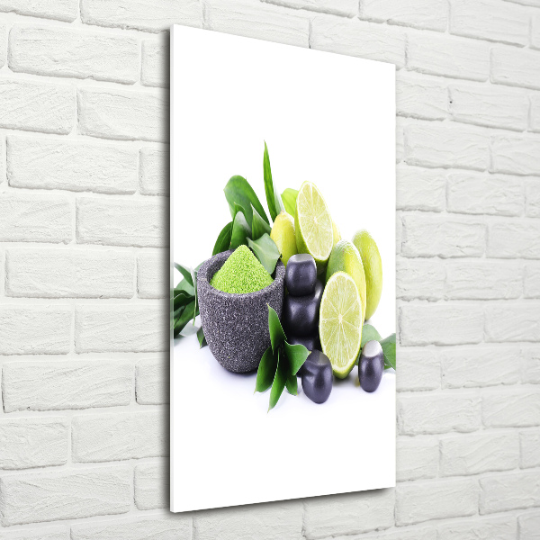 Quadro stampa su vetro verticale Agrumi e pietre