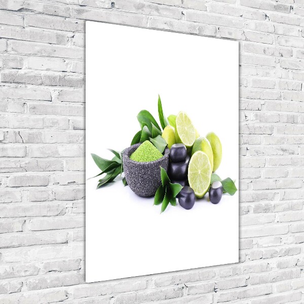 Quadro stampa su vetro verticale Agrumi e pietre