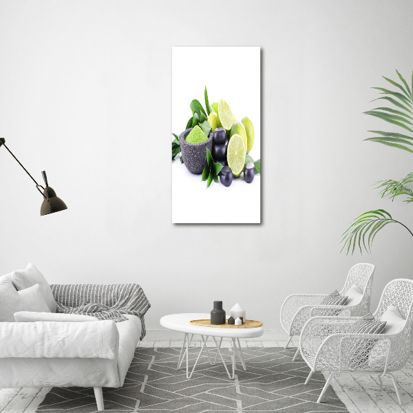 Quadro stampa su vetro verticale Agrumi e pietre