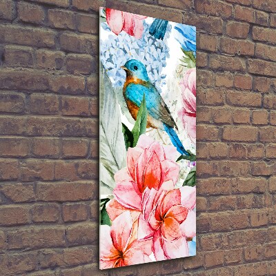 Quadro di vetro verticale Fiori e uccelli