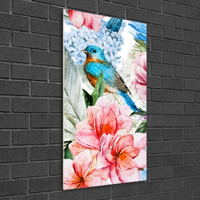 Quadro di vetro verticale Fiori e uccelli