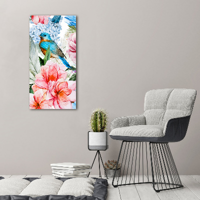 Quadro di vetro verticale Fiori e uccelli