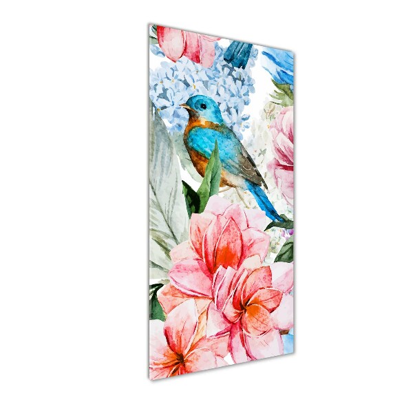 Quadro di vetro verticale Fiori e uccelli