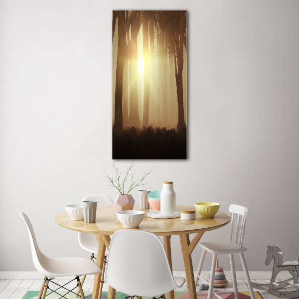 Quadro vetro verticale Nebbia nella foresta