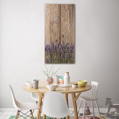 Quadro stampa su vetro verticale Lavanda su legno